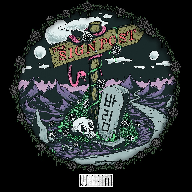 Album art for Varim single, The Signpost, a signpost covered in grey roses with an snake and a skull