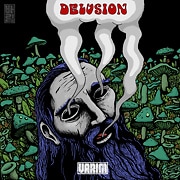 man with a beard and hollow eyes with smoke coming from them, a background of various green mushrooms