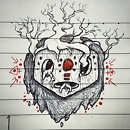 wooden mask with tree growing out of it also with red patterns drawing