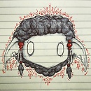 face with curly hair and droopy pointy ears and red patterns drawing