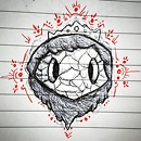 rock mask with crown and red patterns drawing