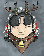 a girls head with reindeer antlers and merry xmas written below drawing