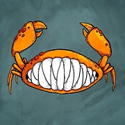 an orange crab with huge pointed teeth drawing