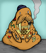a walrus covered in sailor tattoos wearing a wooly hat and smoking a pipe drawing