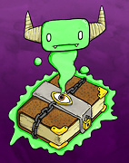 a green spirit with horns bursting out of a spell book with an eye on its cover drawing