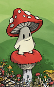 a cartoon mushroom with a face and limbs surrounded by other mushrooms drawing