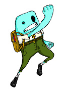 a bright blue guy wearing a school uniform and backpack jumping and upper cutting the air drawing