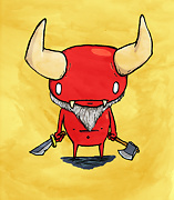 a red demon with horns holding a sword and an axe on a yellow background drawing