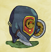a big blue blob with a wooden mask holding a sword and a shield drawing