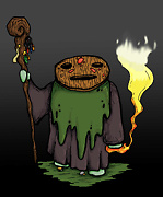 a shaman wearing a wooden mask with a moss beard and a wooden staff drawing
