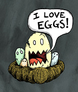eggs with faces in a nest with a speech bubble saying 'i love eggs' coming from the largest egg drawing