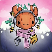 baby ent wearing headphones infront of mountain drawing