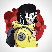 skull faced girl with yellow coat drawing