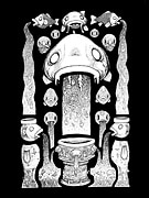 Ink pen drawing of a fish with water coming from its mouth, at the bottom are anthropomorphic fish statues with water coming from their mouths, there are smaller masks and fish surrounding these