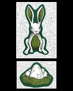 Ink drawing of a hare with leaves in it's ears and belly and 3 eggs in a nest of leaves
