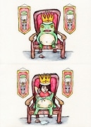 a drawing of a frog king on a throne then the human king climbing out of the frog king