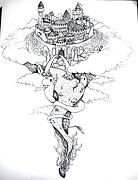 ink drawing of walled city on an island in the sky bursting out of a seed with a dragon coiled around the path