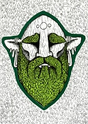Ink drawing of a green man with a moustache made of leaves drawings of wood spirits in background
