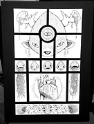 Ink pen drawing of a wooden deer? mask there is an eye in the middle there are smaller masks below and a heart covered in leaves