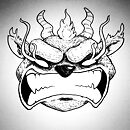 A creature looking furious with flames coming from eyes and bared pointy teeth ink drawing