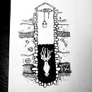 A cross section of a well with a giant squid at the bottom ink drawing