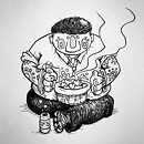 A big guy sitting down with symbols painted on face and body wearing a suit with a bucket of fried chicken in lap ink drawing