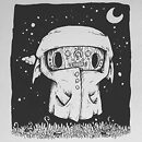 A creature with a wooden mask with symbols wearing an anorak on a black starry background ink drawing