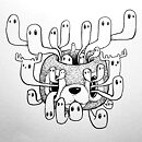 A hollow deer head with lots of little ghosts coming out of it ink drawing