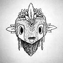 A wooden mask with painted patterns and leaves coming out of it ink drawing