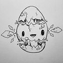 An egg with a face shattered into multiple pieces ink drawing