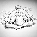 A gigantic stone head in the desert ink drawing