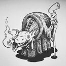 A reptile shaman wearing a robe with a magic flame in one hand and holding crooked staff in the other ink drawing