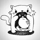 A cat holding and hiding behind a stuffed penguin toy ink drawing