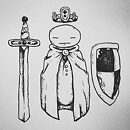 A guy with eyes closed a cloak and a crown with sword and shield lying next to him ink drawing