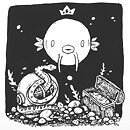 A round fish deep underwater with old diving helmet with eel coming out and treasure chest ink drawing