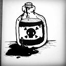 Bottle of black poison liquid with skull and crossbones of label ink drawing