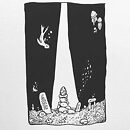 An egg on a pile of rocks underwater highlighted by a shaft of light with schools of fish and a seal ink drawing