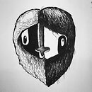 woman mask split into two sections with one side black and one side white hair is also divided but with opposite colours ink drawing