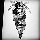 A snake split into two halves one black and one white coiled around each other and combining at head ink drawing