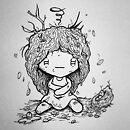 A girl sitting on the floor with twigs and leaves in hair next to a fallen bird's nest ink drawing