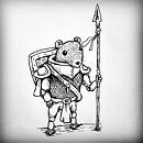 A mouse dressed in armour holding a spear with a shield on it's back ink drawing