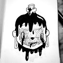 woman face made of bottle of black liquid ink drawing