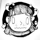 woman face surrounded by ghosts looking scared with a wobbly mouth ink drawing