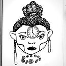woman face with clock on forehead and clock weights as earrings ink drawing