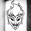 woman face with pointy teeth ears and hair ink drawing