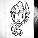 woman face with hair made of flowing water with hollow eyes ink drawing