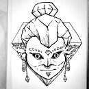 woman face and hair made of gemstones with black eyes ink drawing