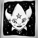 woman face in the shape of a star with star on forehead and black starry background ink drawing