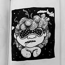 woman face with messy hair drooling mouth eye cover and neck pillow ink drawing