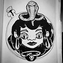 snake woman face with black hair and poison bottle background ink drawing